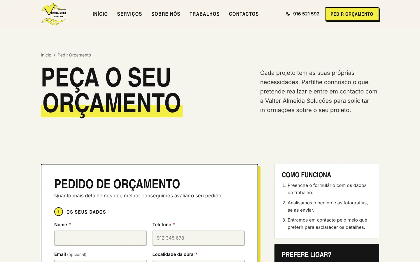 Página de pedido de orçamento