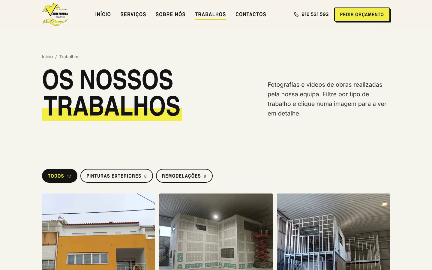 Página de trabalhos com filtros e galeria